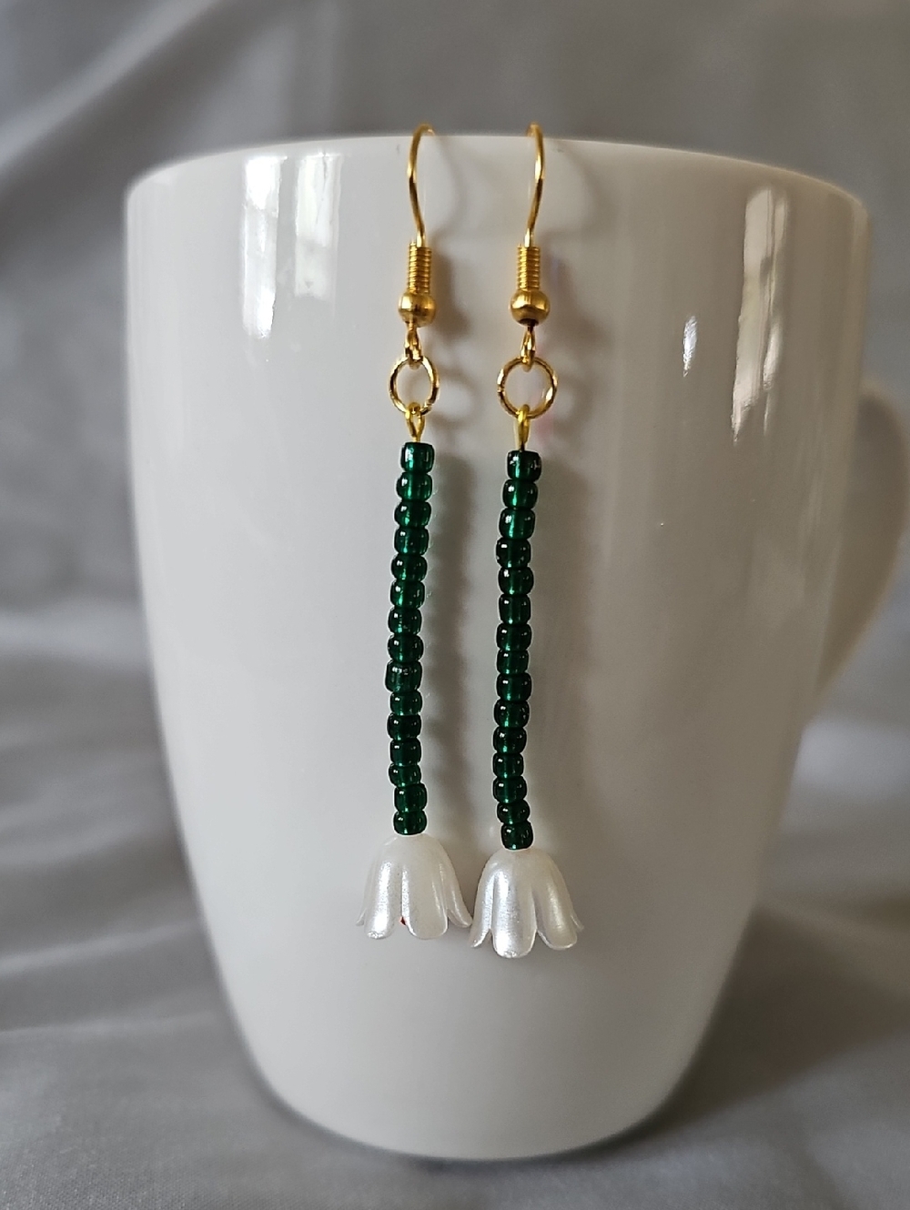 Green and White Flower Drop Earrings